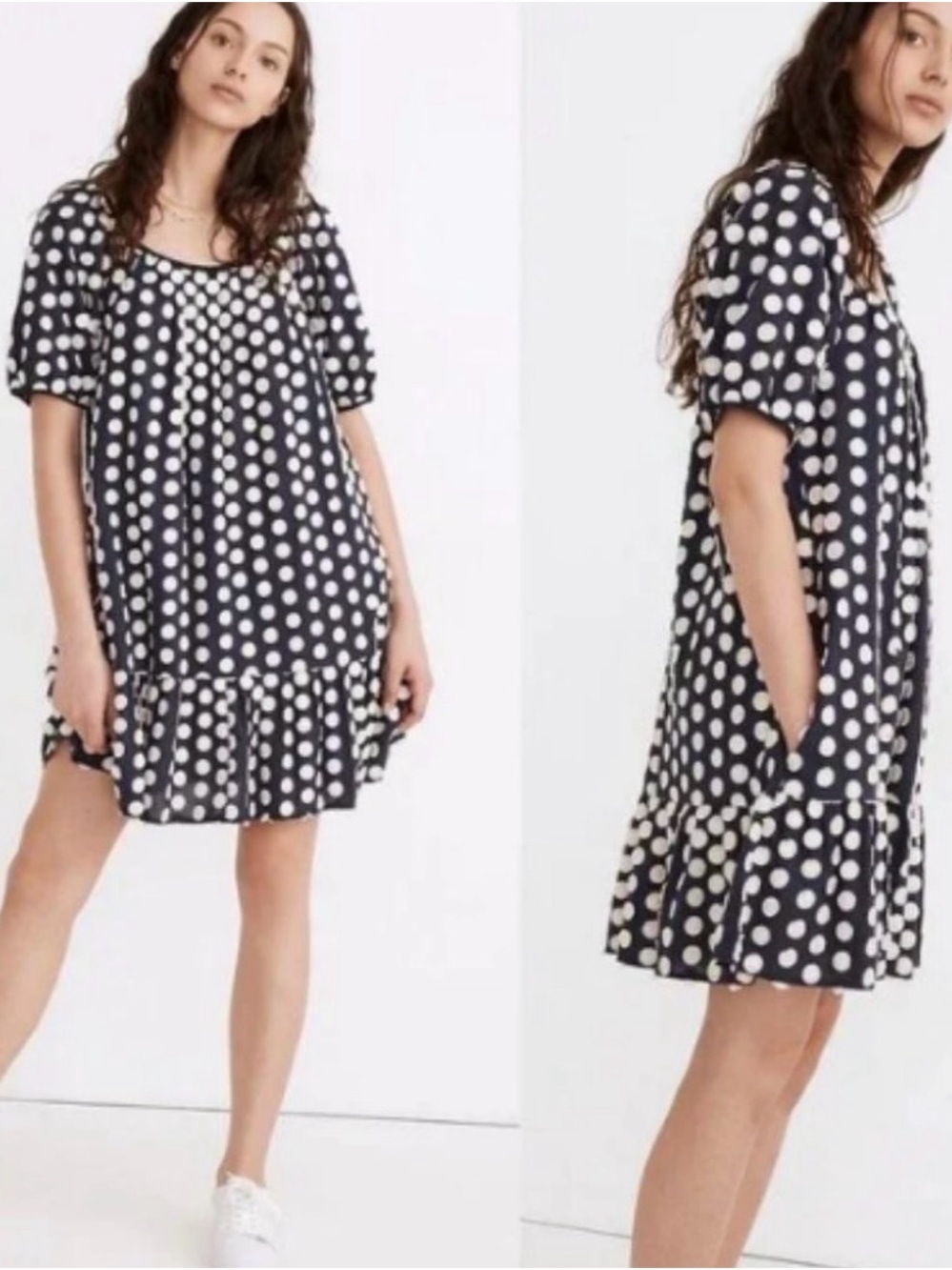 Madewell  ruffle hem Polka Dot Short Sleeve Swing Dress - Navy/White size S